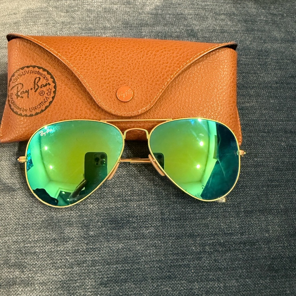 Ray-Ban Gold Aviator Sunglasses with Blue-Green Lenses